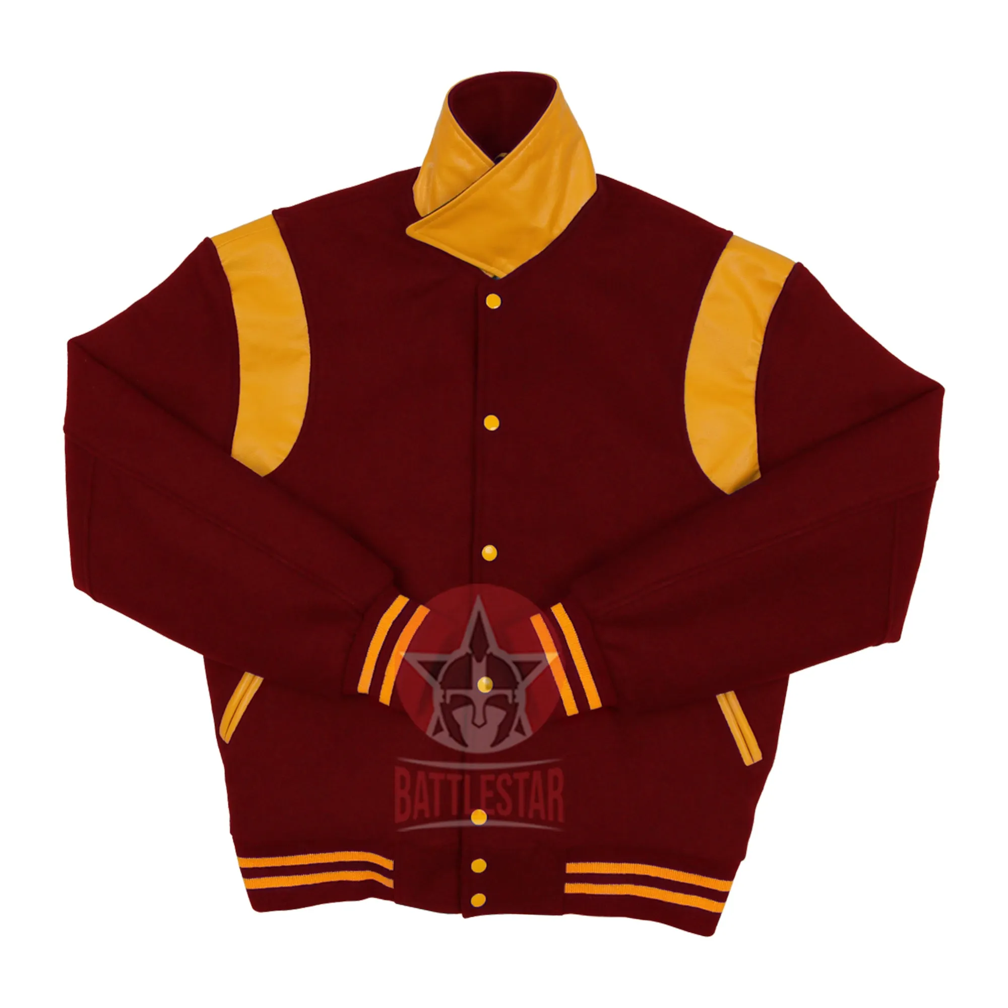 Byron Collar Maroon Wool Gold Yellow Leather Stripes Varsity Baseball Jacket