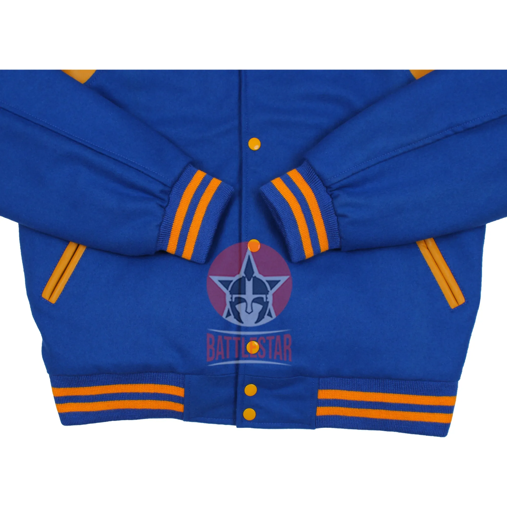 Byron Collar Royal Blue Wool Gold Yellow Leather Stripes Varsity Baseball Jacket