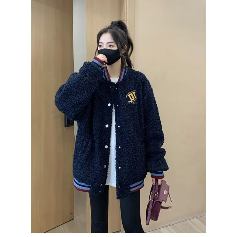 Casual Retro Warmth Thickened Lamb Teddy Varsity Jacket