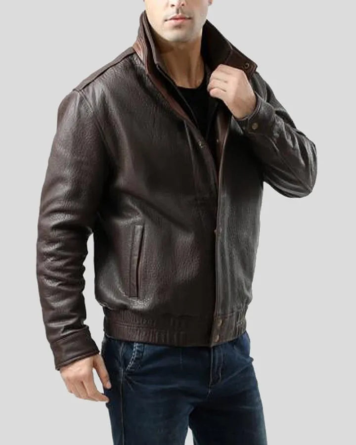 Chek Brown Bomber Leather Jacket