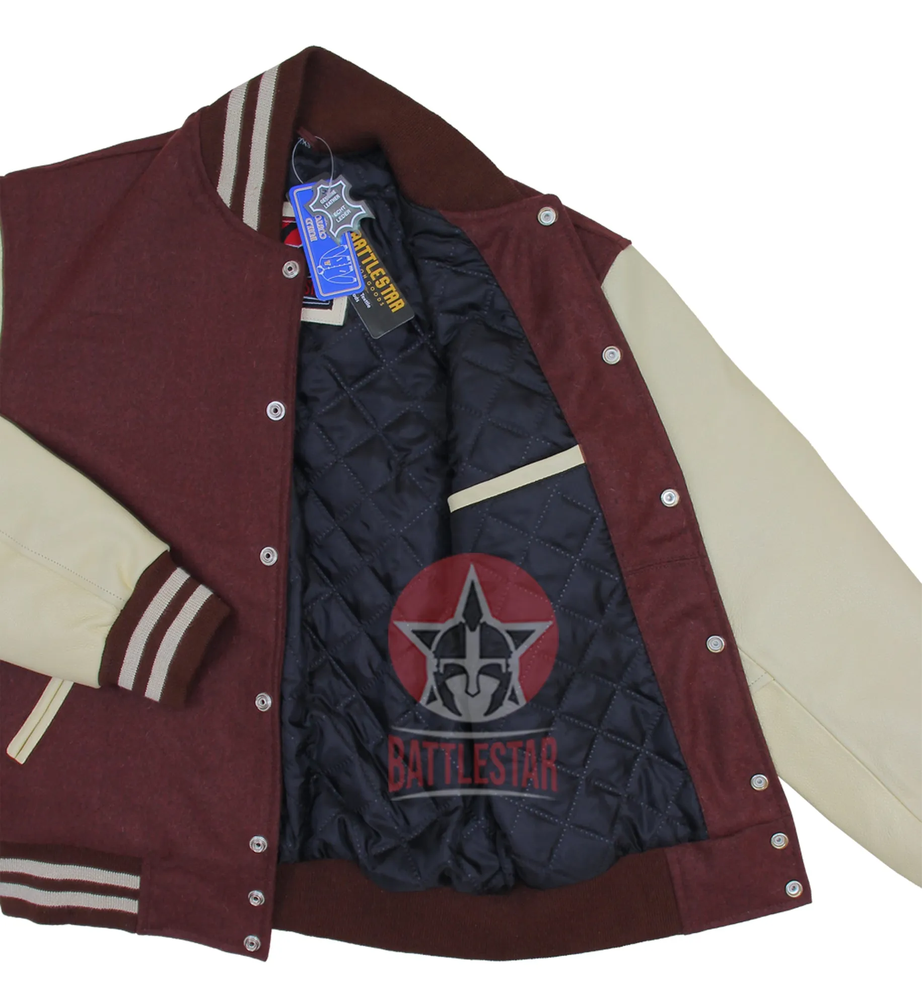 Chocolate Brown Wool Cream Leather Sleeves Varsity Jacket