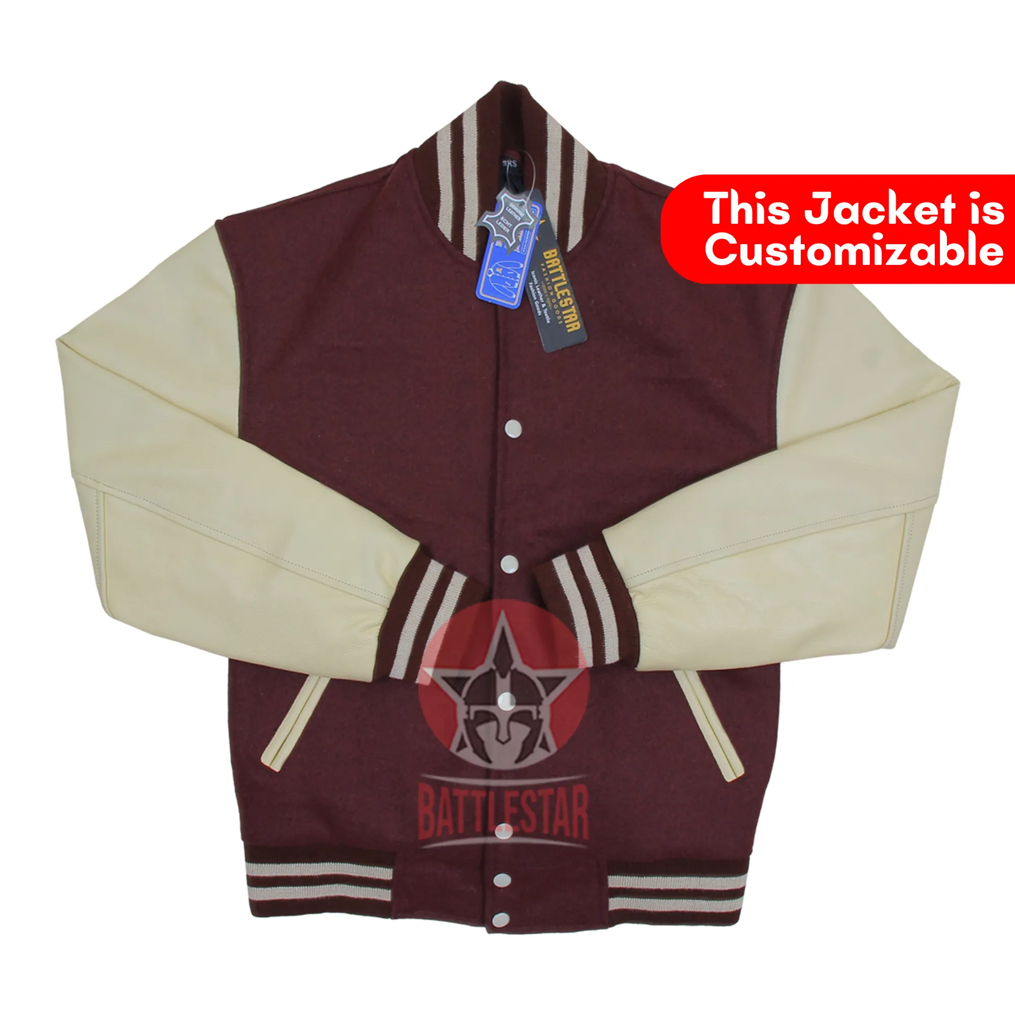 Chocolate Brown Wool Cream Leather Sleeves Varsity Jacket