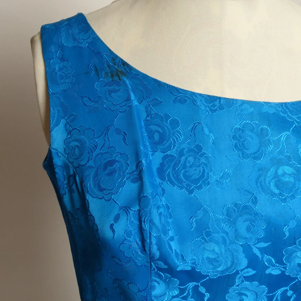 Circa 1950s Blue Floral Satin Peplum-Style Dress