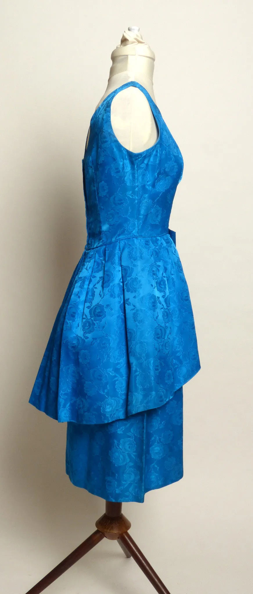 Circa 1950s Blue Floral Satin Peplum-Style Dress