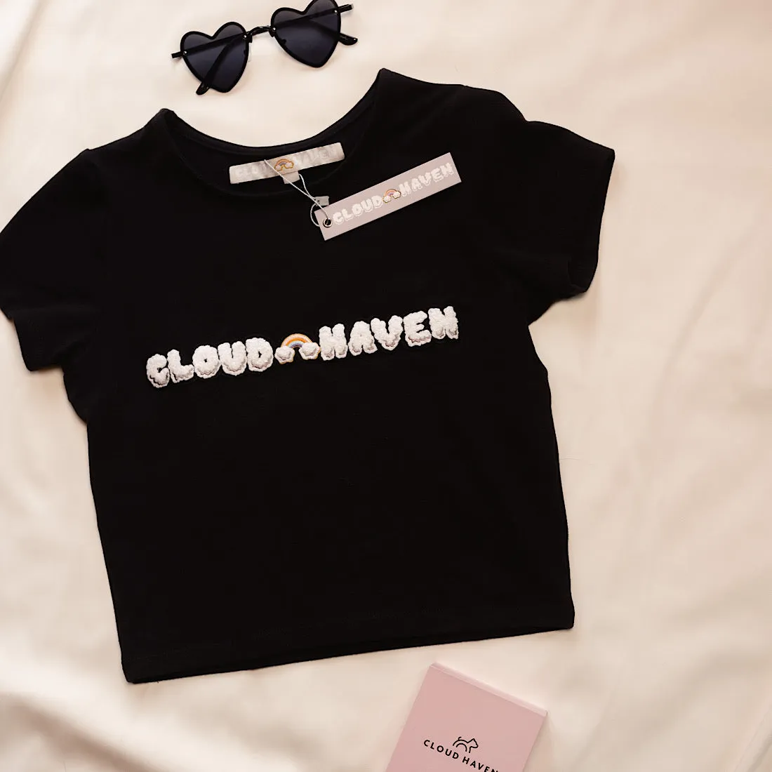 Cloud Haven Baby Tee | Organic Cotton Rainbow Crop Top Black