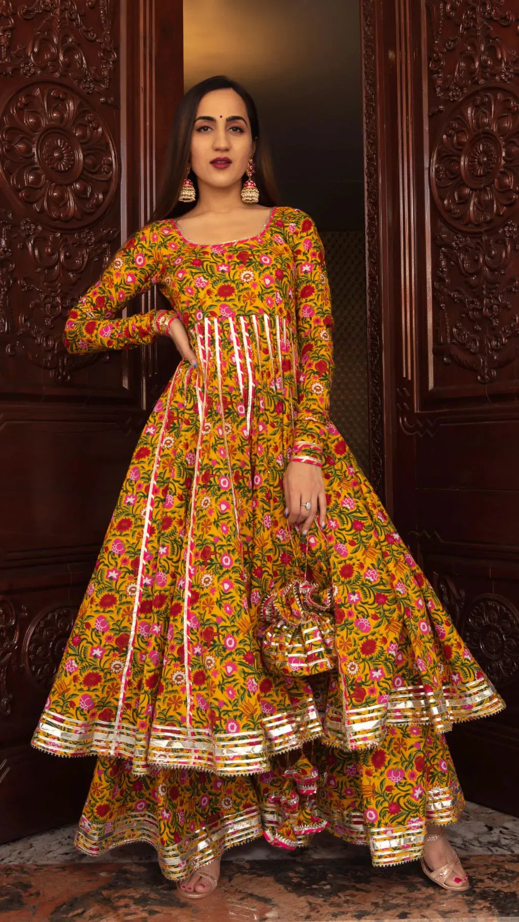 Cotton Yellow Floral Print Anarkali Palazzo Set with Organza Dupatta