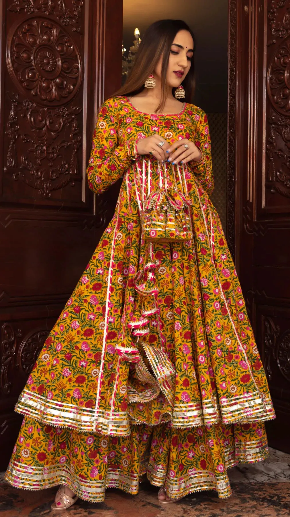 Cotton Yellow Floral Print Anarkali Palazzo Set with Organza Dupatta