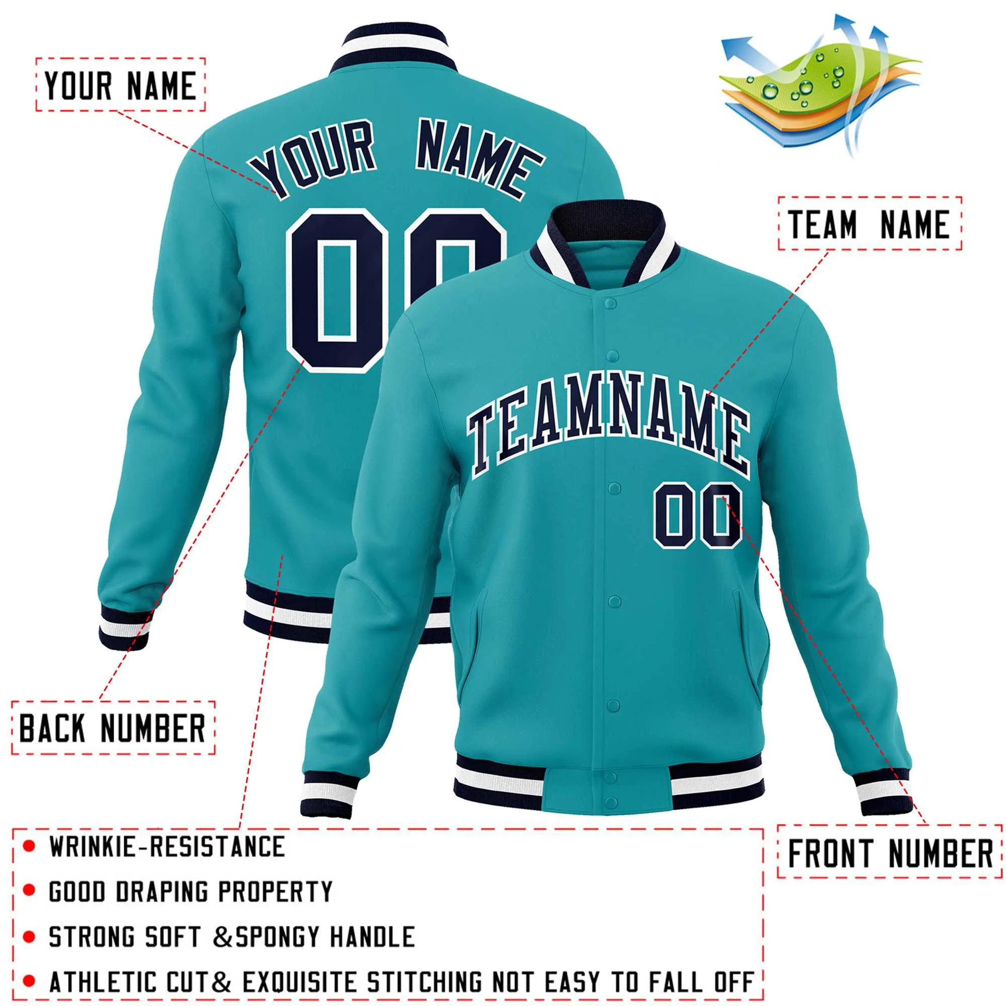 Custom Aqua Navy-White Classic Style Varsity Full-Snap Letterman Jacket