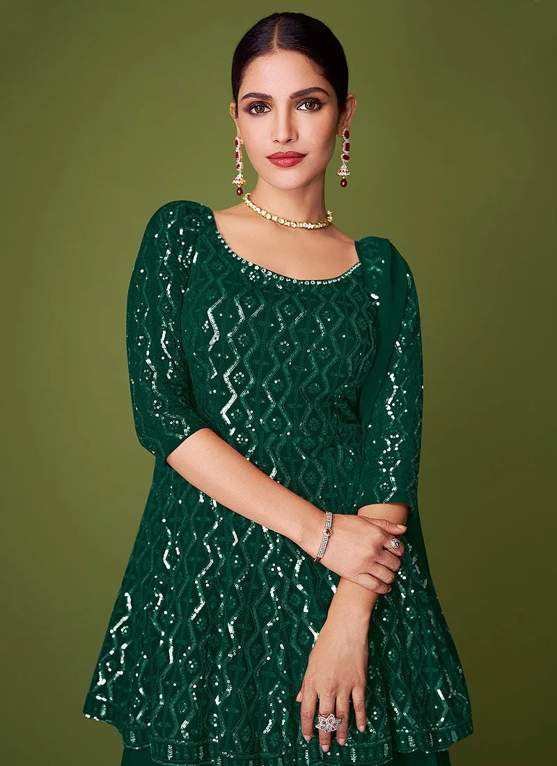 Dark Green Sequence Embroidered Lehenga Kurti Suit