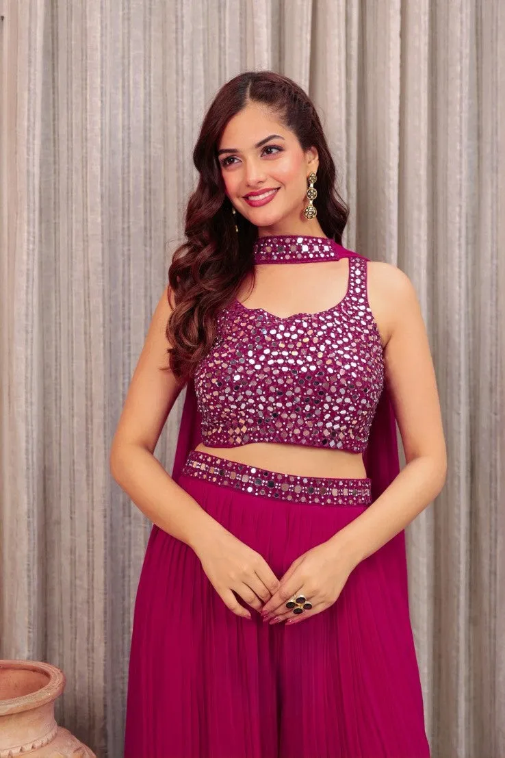 Deep Pink Embellished Georgette Silk Crop Top & Palazzo Set