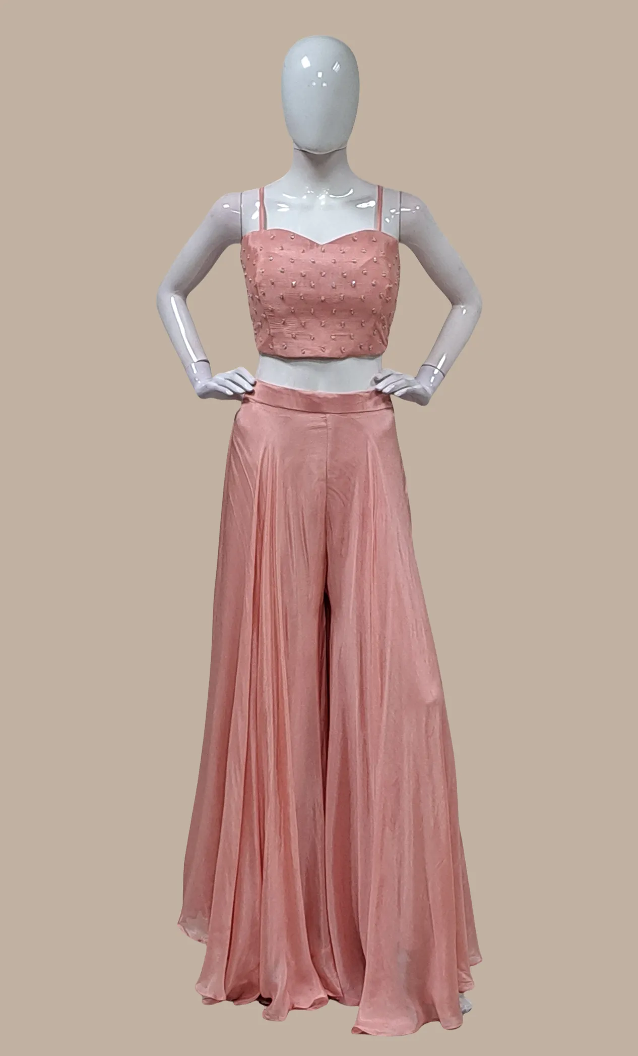 Deep Salmon Pink Embroidered Palazzo Set