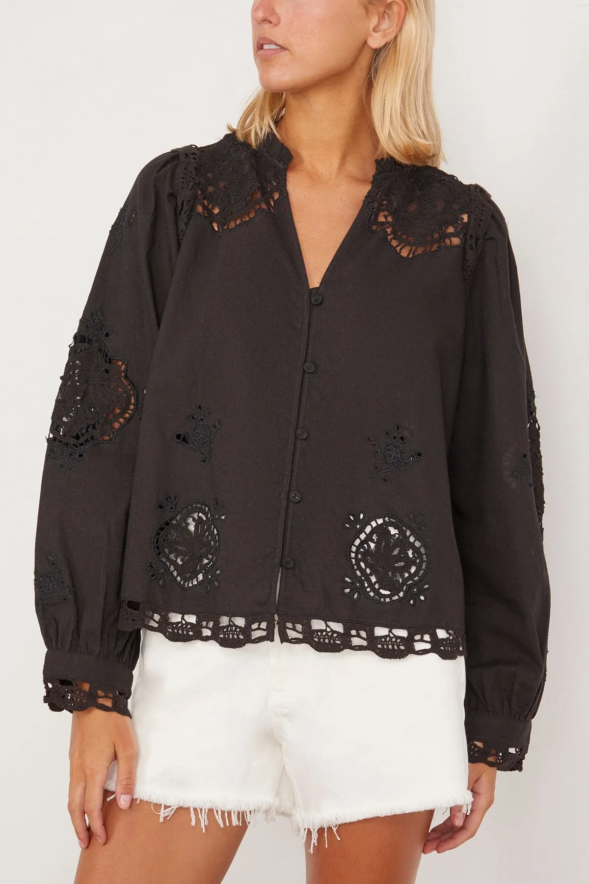 Edith Embroidered Long Sleeve Top in Black