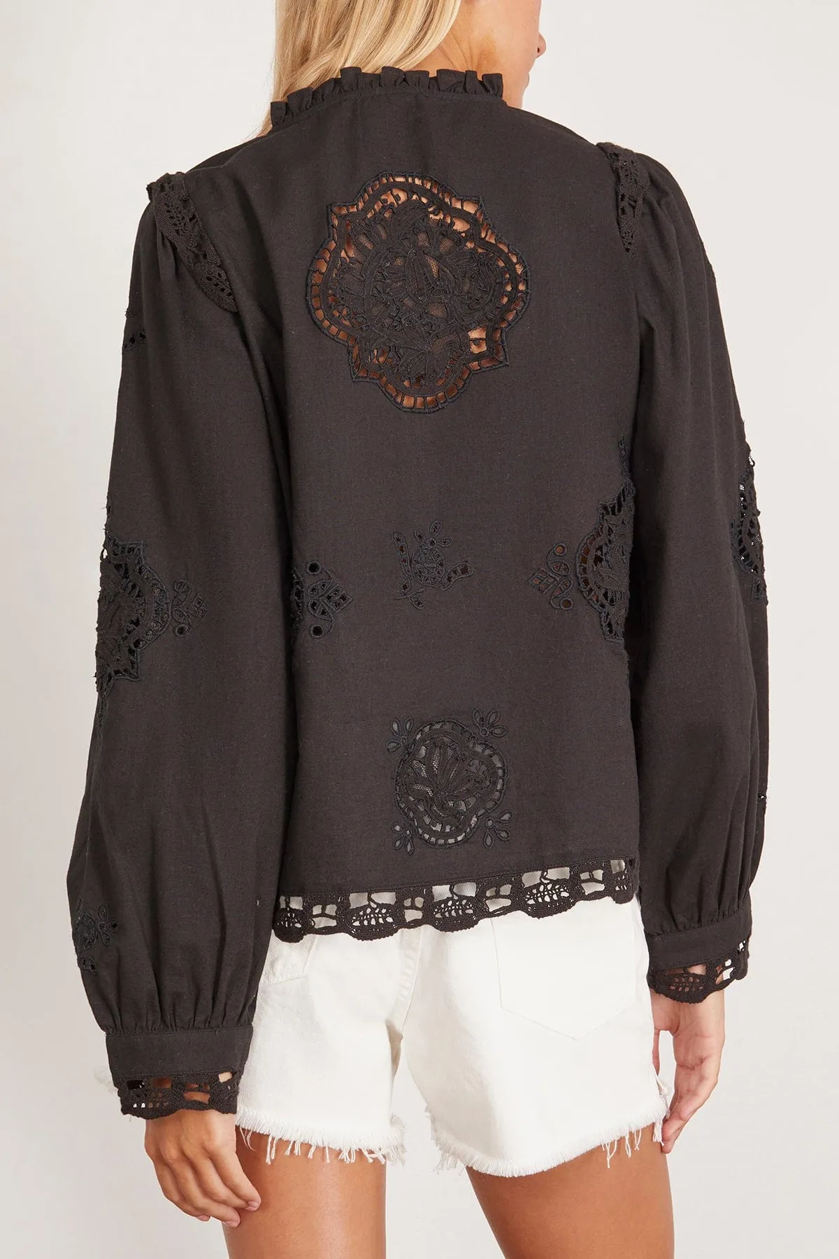 Edith Embroidered Long Sleeve Top in Black