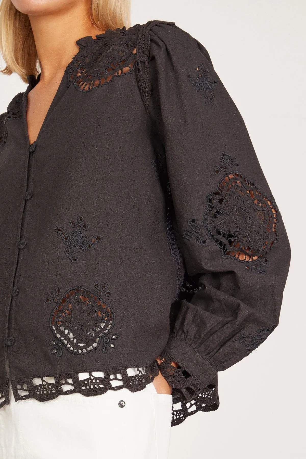 Edith Embroidered Long Sleeve Top in Black