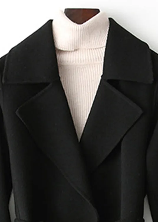 Elegant Black Notched Tie Waist Solid Woolen Long Coats Fall