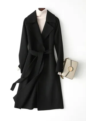 Elegant Black Notched Tie Waist Solid Woolen Long Coats Fall