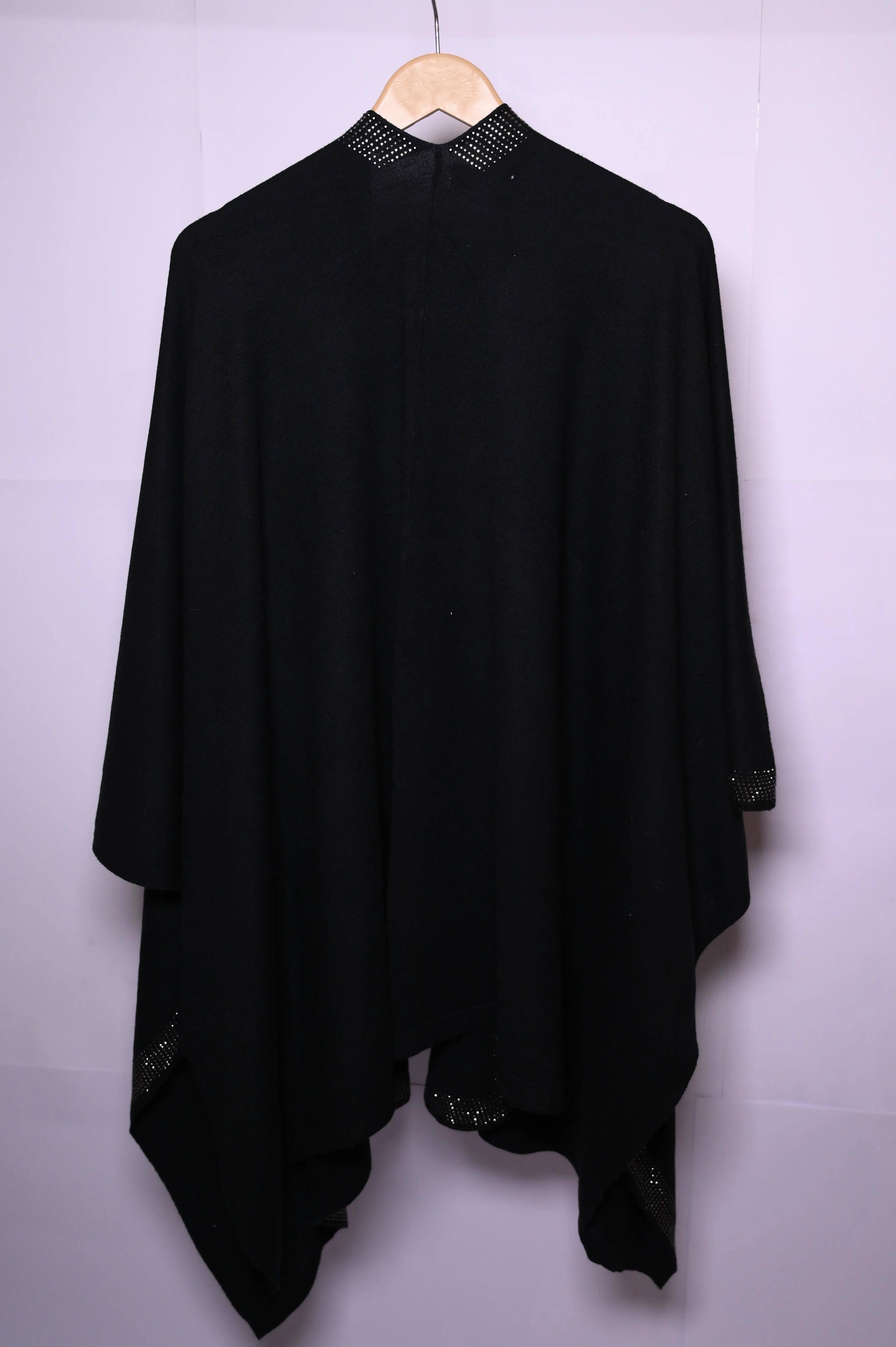 Elegant Black Viscose Winter Cape with Golden Rhinestones - Lucy Sparks