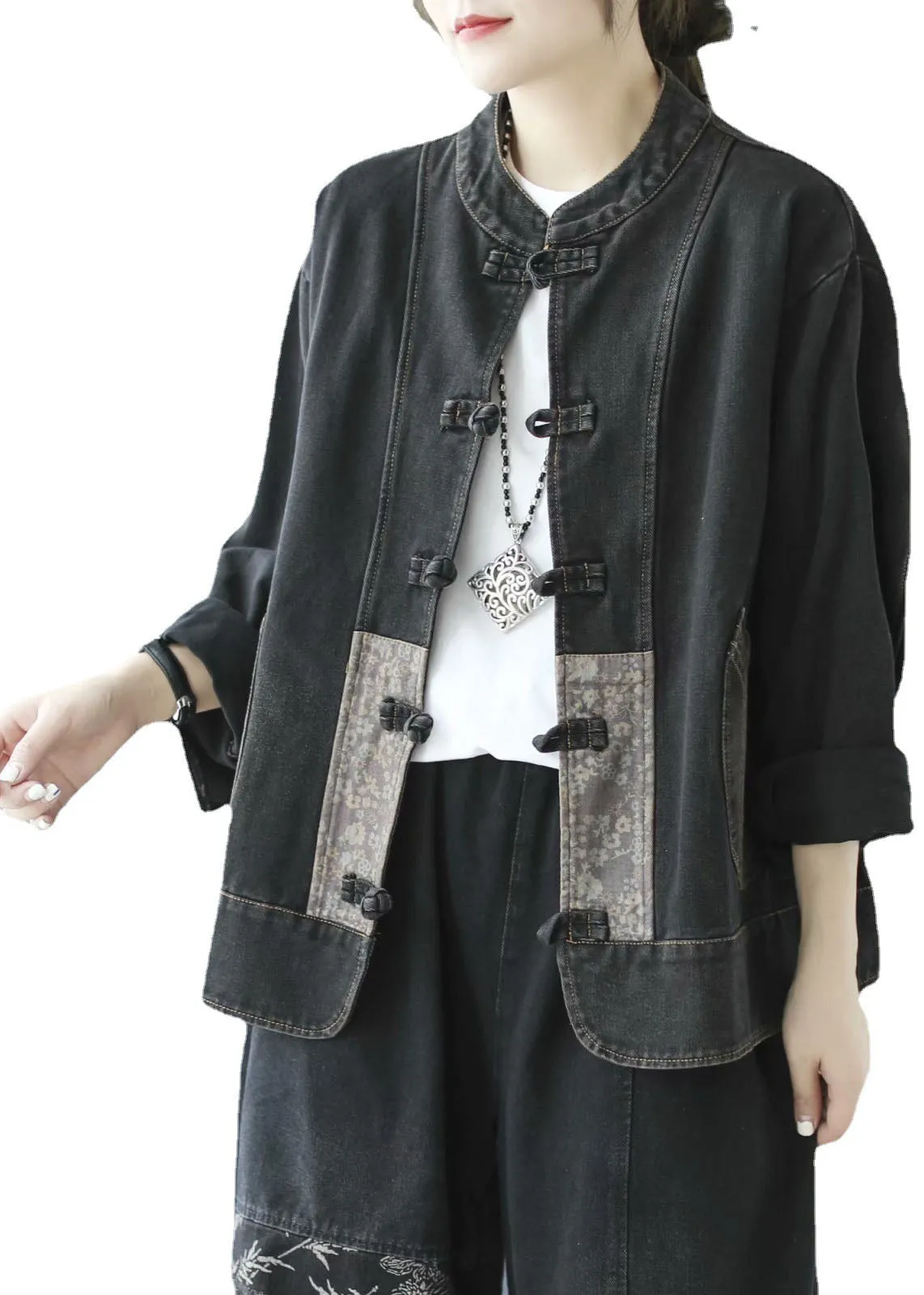 Elegant Blue Pockets Button Patchwork Fall Denim Long sleeve Coat