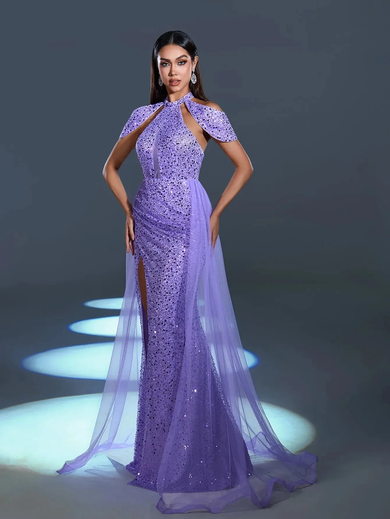 Elegant Mesh Overlay Split Mermaid Hem Sequined Beaded Evening Dress