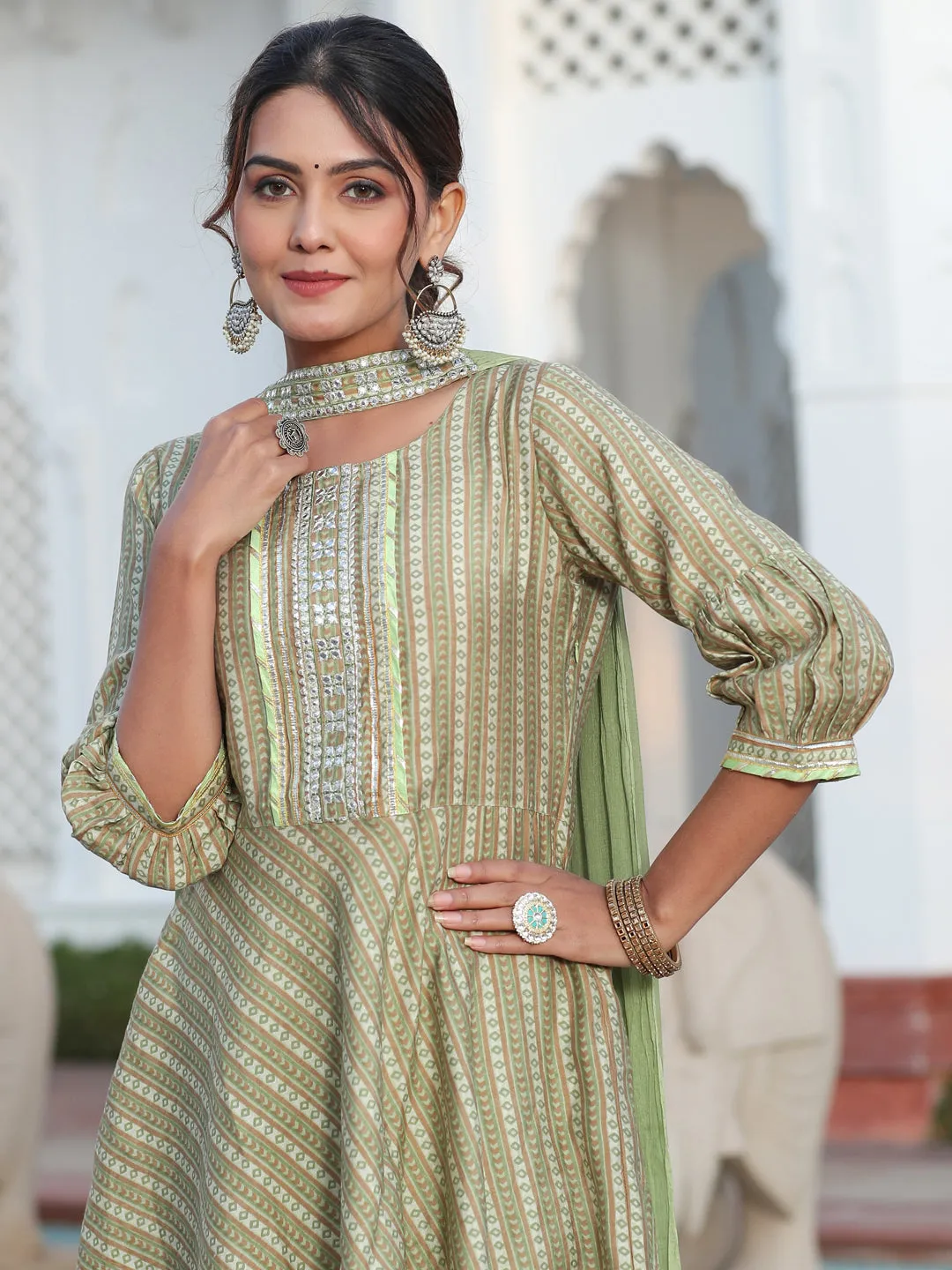 Embroidered Green Chanderi Printed Peplum Top With Flared Palazzo And Chiffon Dupatta