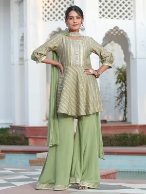 Embroidered Green Chanderi Printed Peplum Top With Flared Palazzo And Chiffon Dupatta