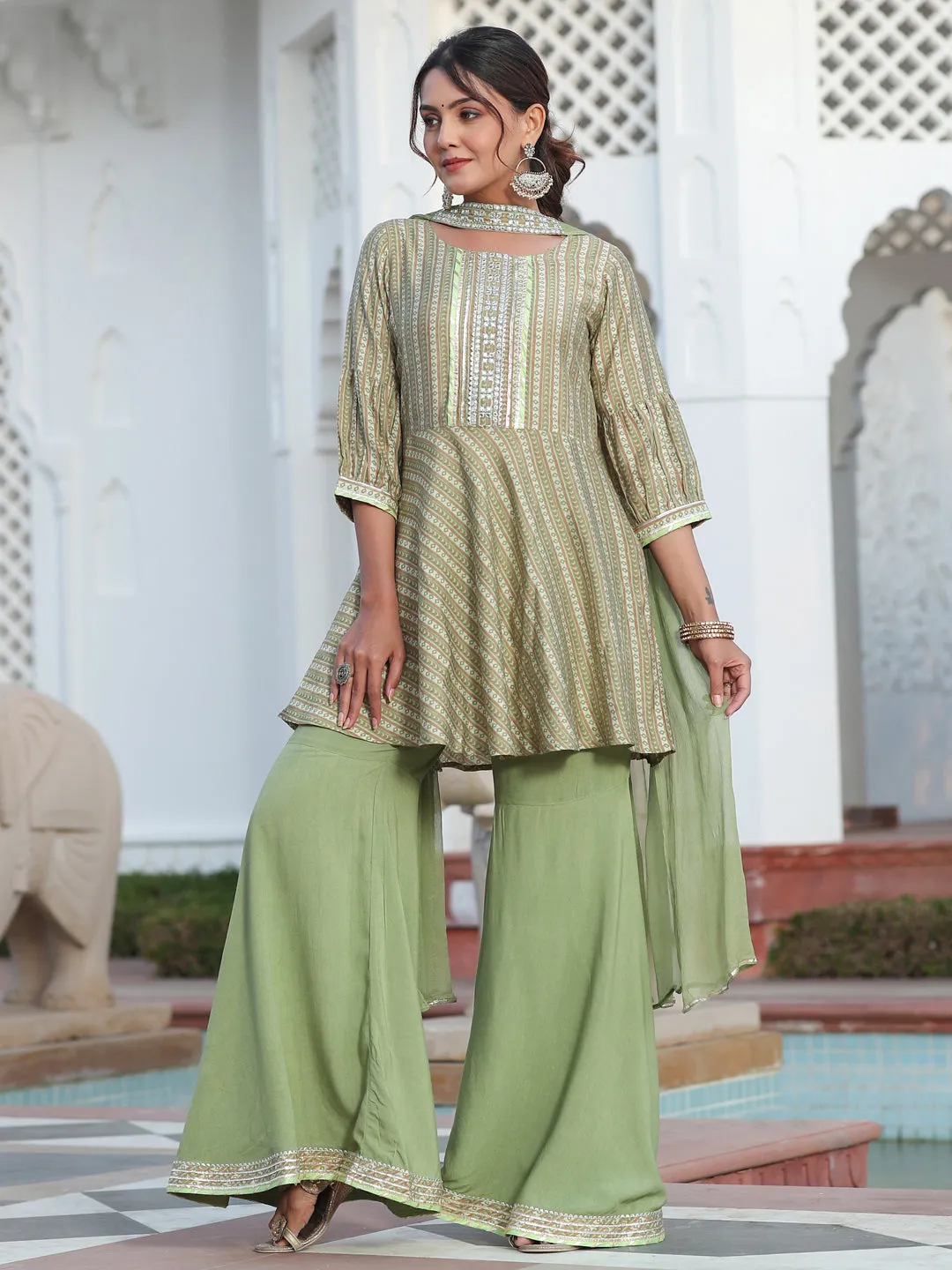 Embroidered Green Chanderi Printed Peplum Top With Flared Palazzo And Chiffon Dupatta