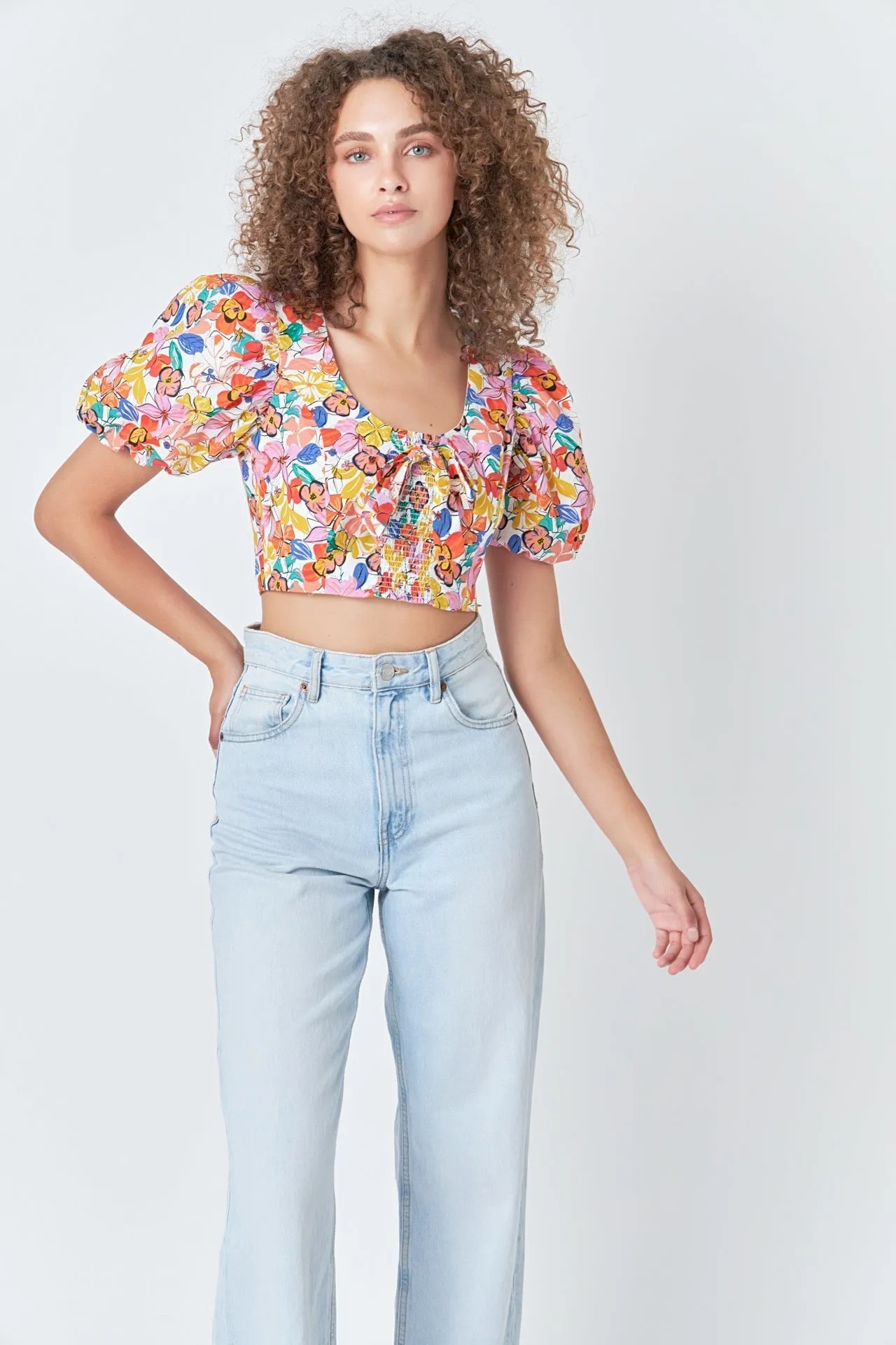 Endless Rose - Cotton Floral Print Puff Sleeve Top