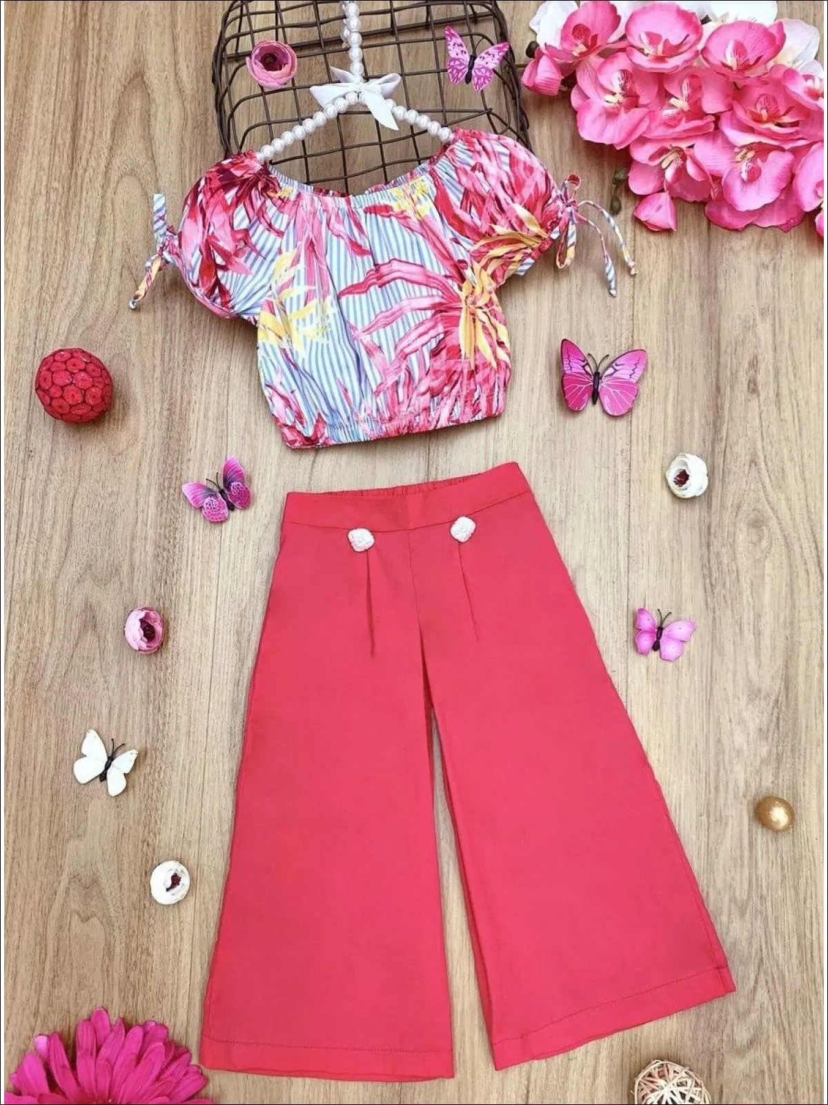 Girls Freshly Floral Sleeve Crop Top And Buttoned Pants Set