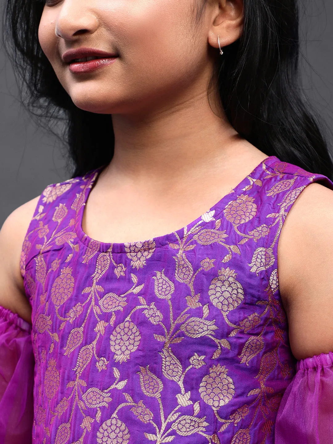 Girl's Purple Brocade Woven Design Peplum Top With Organza Sleeve - Aks Girls