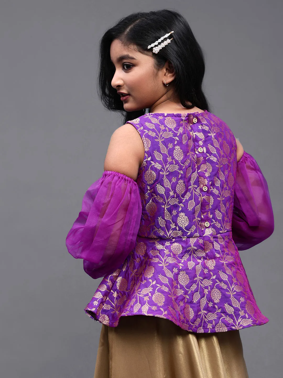 Girl's Purple Brocade Woven Design Peplum Top With Organza Sleeve - Aks Girls