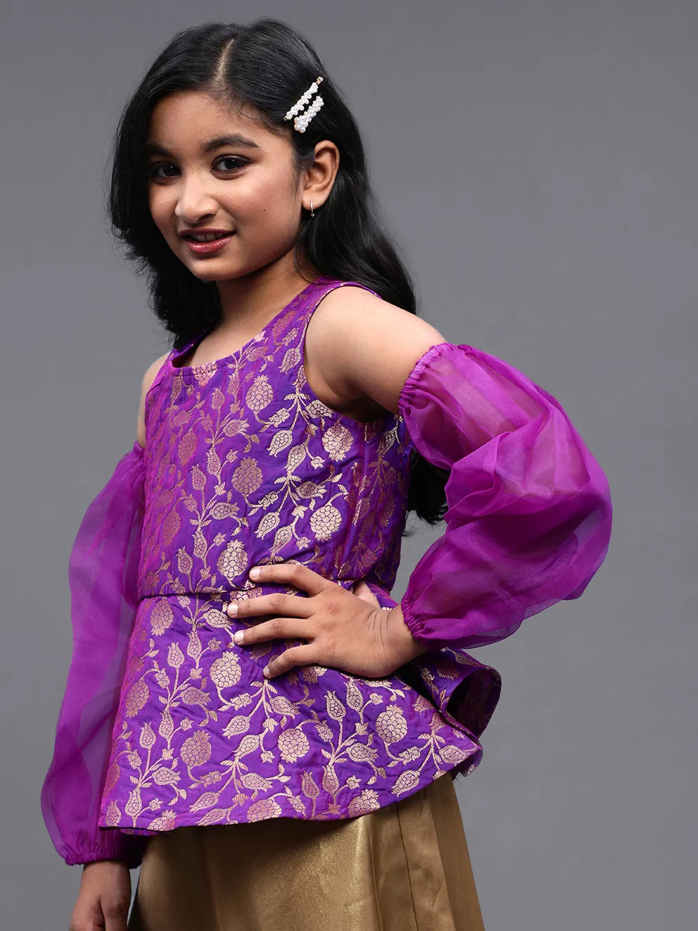 Girl's Purple Brocade Woven Design Peplum Top With Organza Sleeve - Aks Girls