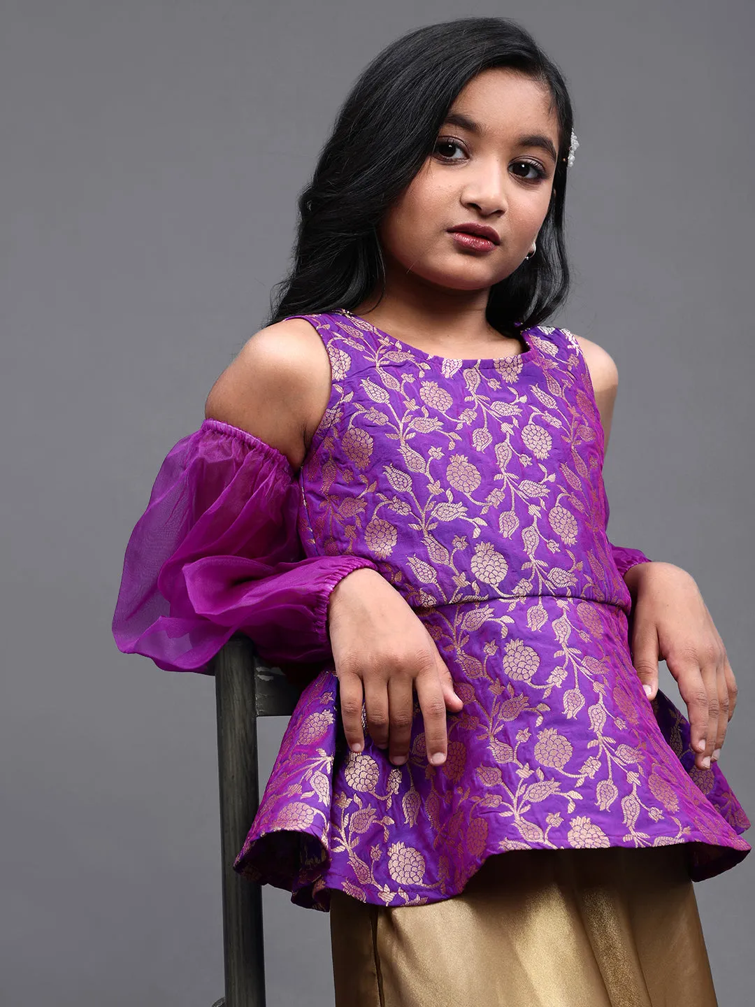 Girl's Purple Brocade Woven Design Peplum Top With Organza Sleeve - Aks Girls