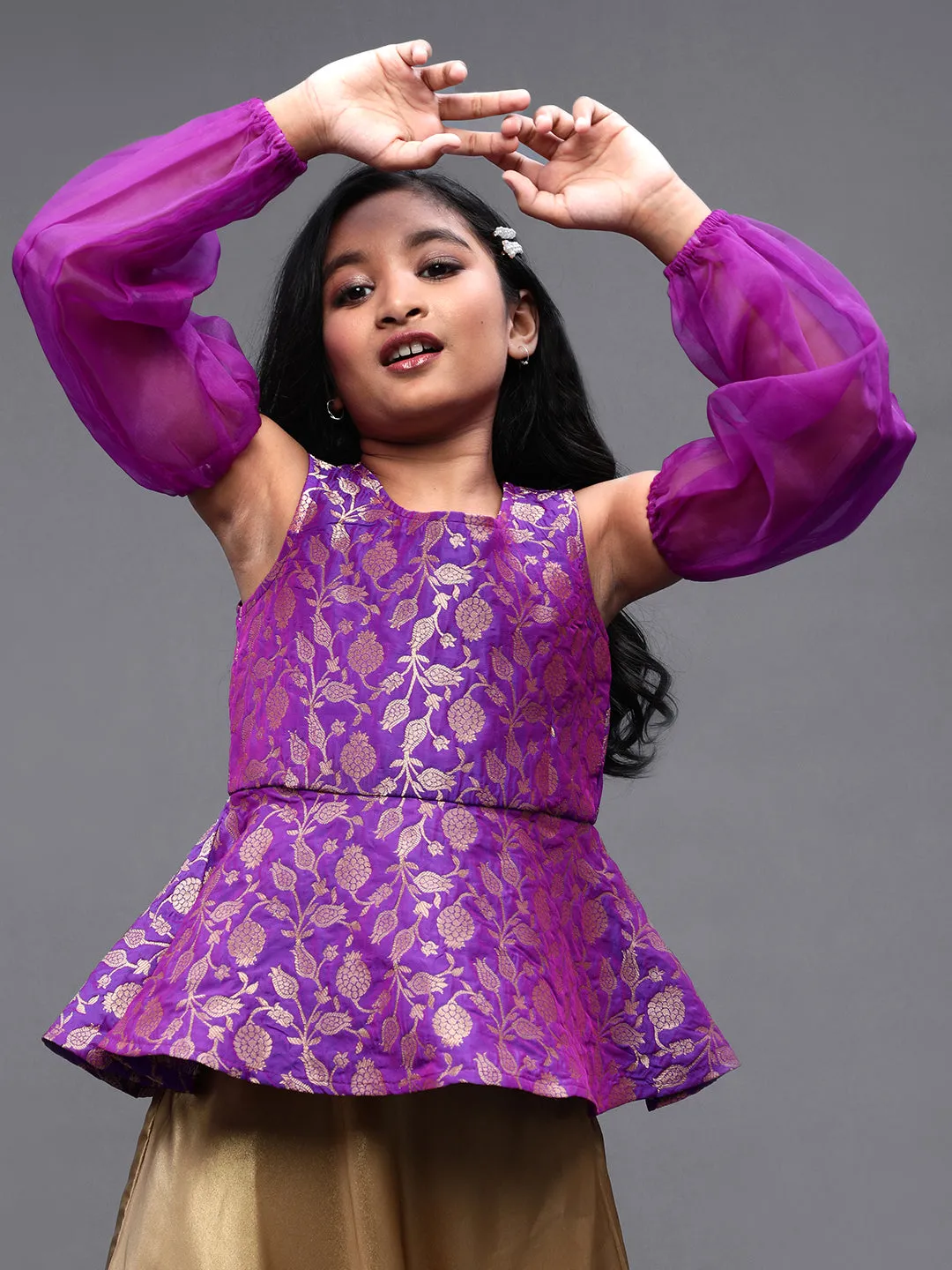 Girl's Purple Brocade Woven Design Peplum Top With Organza Sleeve - Aks Girls