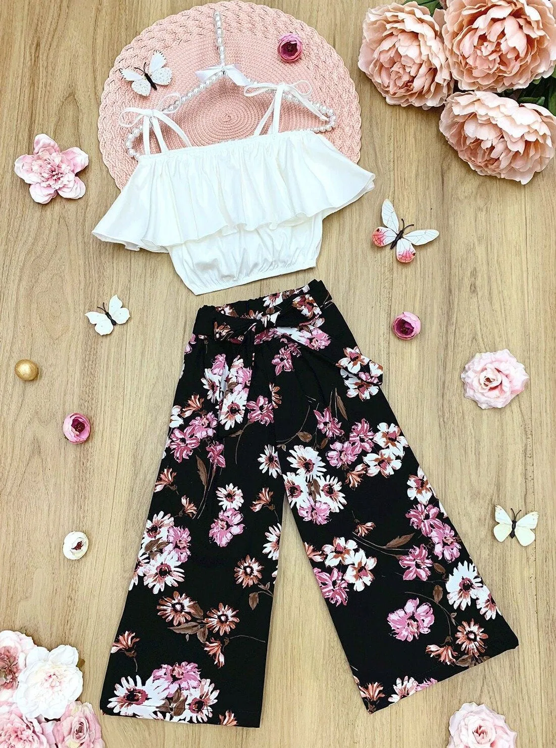 Girls Totally Floral Ruffled Top And Sash Tie Palazzo Pants