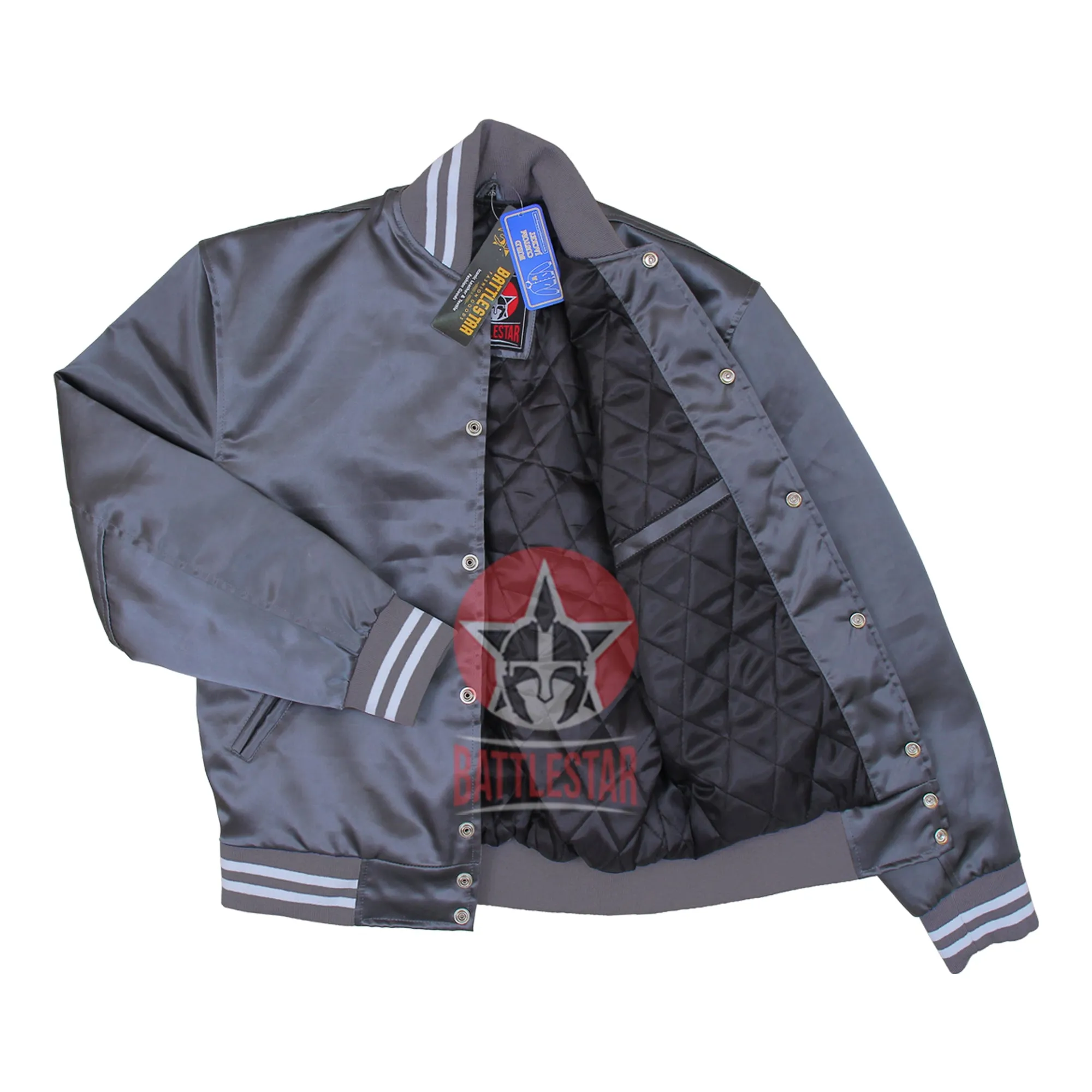 Gray Satin Varsity Baseball Jacket Gray White Rib