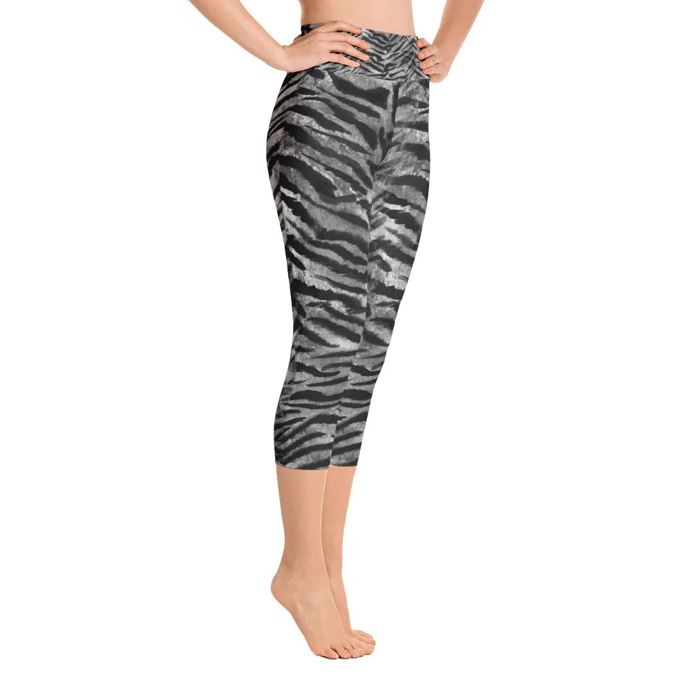 Gray Tiger Striped Capris Tights, Designer Women's Capri Sports Leggings Yoga Pants - Made in USA