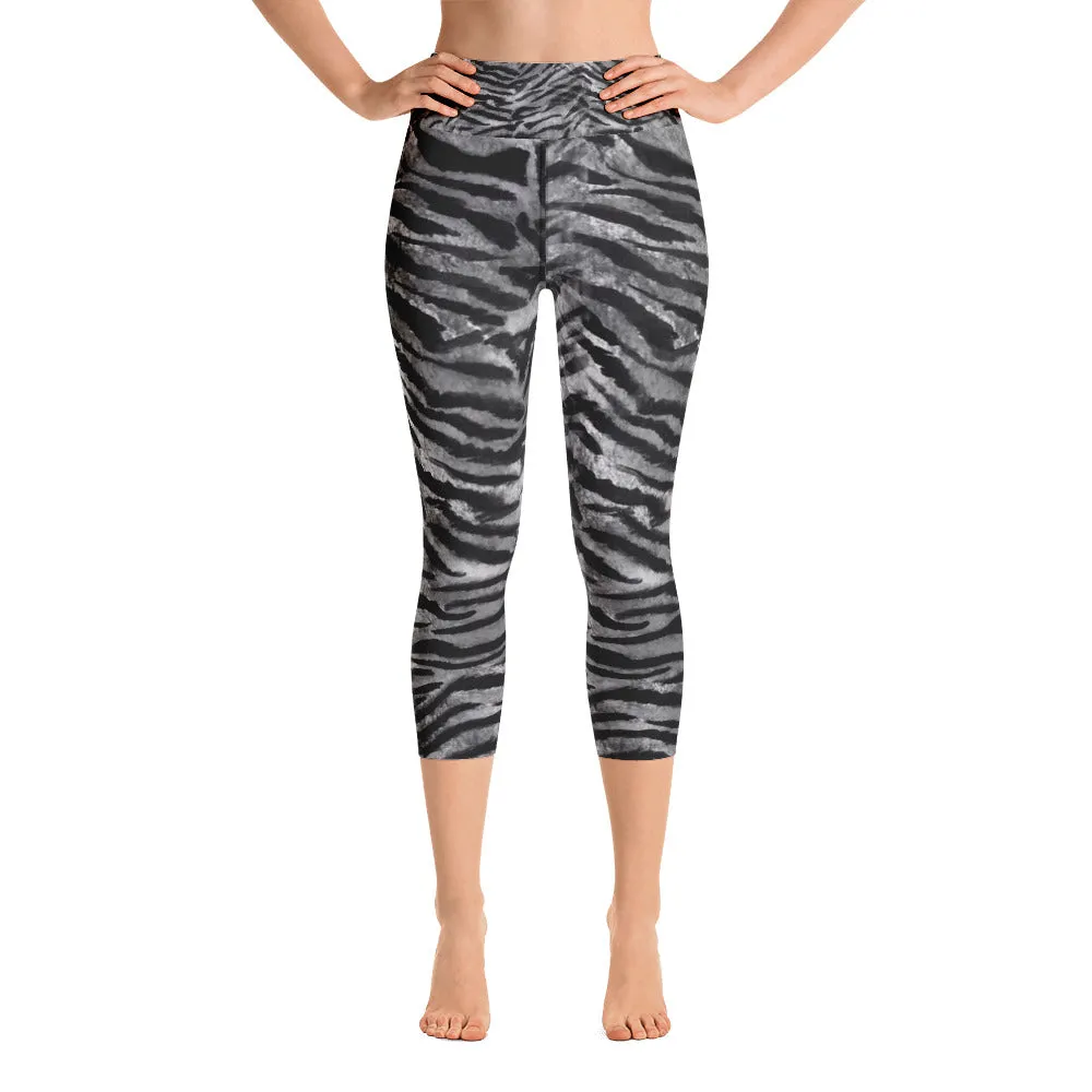 Gray Tiger Striped Capris Tights, Designer Women's Capri Sports Leggings Yoga Pants - Made in USA