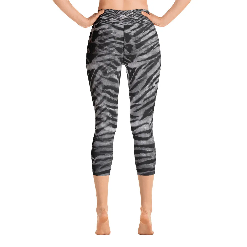 Gray Tiger Striped Capris Tights, Designer Women's Capri Sports Leggings Yoga Pants - Made in USA