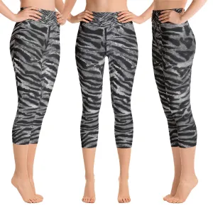 Gray Tiger Striped Capris Tights, Designer Women's Capri Sports Leggings Yoga Pants - Made in USA