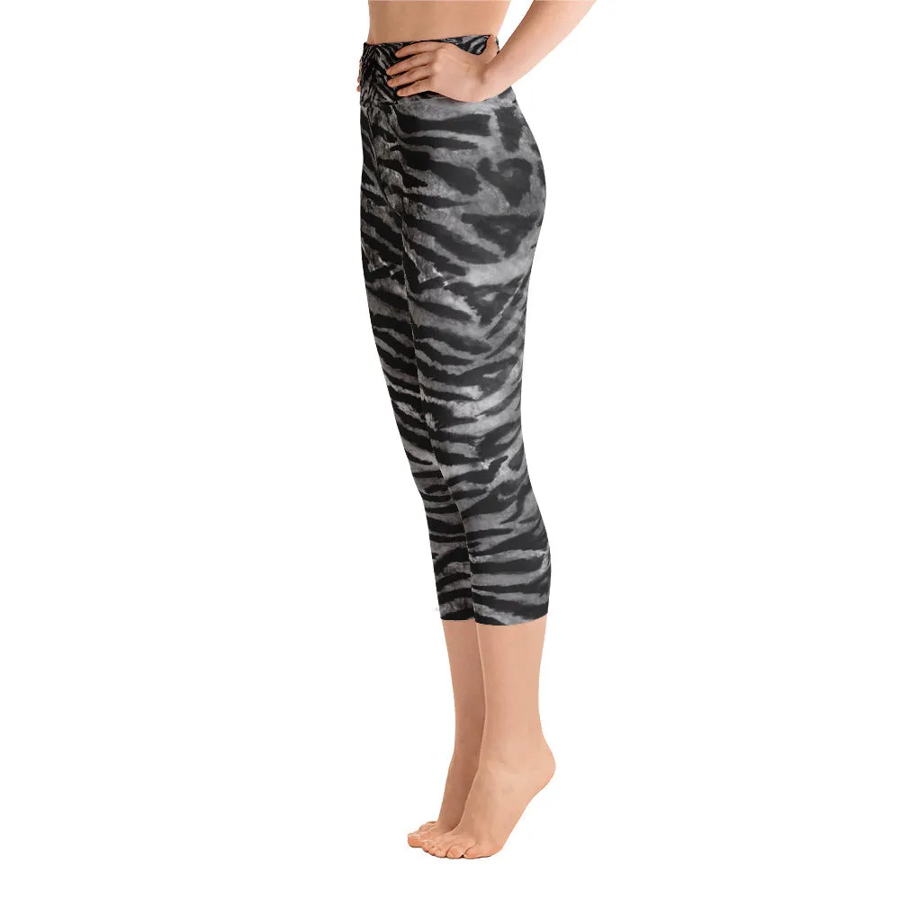 Gray Tiger Striped Capris Tights, Designer Women's Capri Sports Leggings Yoga Pants - Made in USA