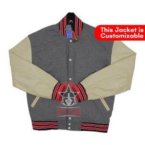 Gray Wool Cream Leather Sleeves Varsity Baseball Jacket