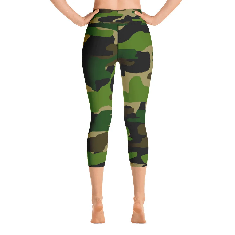 Green Camo Tights, Women's Military Green Camouflage Print Yoga Capri Pants Leggings-Made in USA/EU