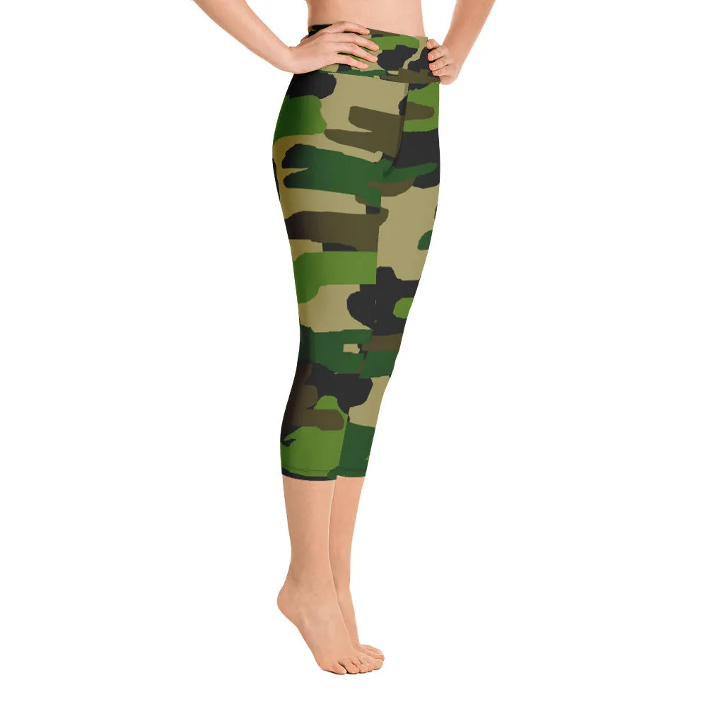 Green Camo Tights, Women's Military Green Camouflage Print Yoga Capri Pants Leggings-Made in USA/EU