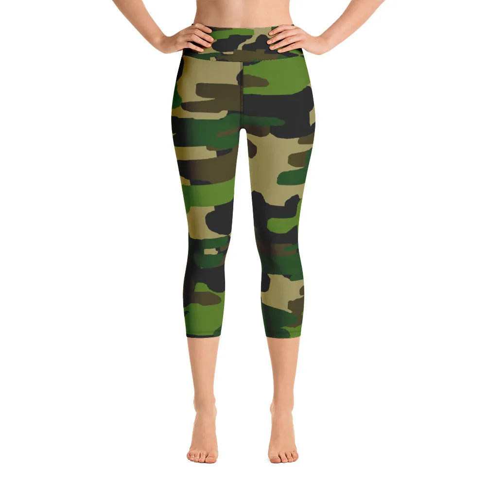 Green Camo Tights, Women's Military Green Camouflage Print Yoga Capri Pants Leggings-Made in USA/EU