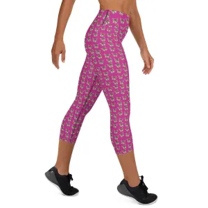 Hot Pink Cat Capri Leggings, Cute Cat Women's Yoga Capri Tights Pants-Made in USA/EU