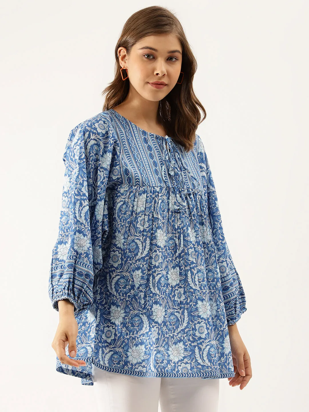 Jashvi Blue  Printed Cotton Peplum top