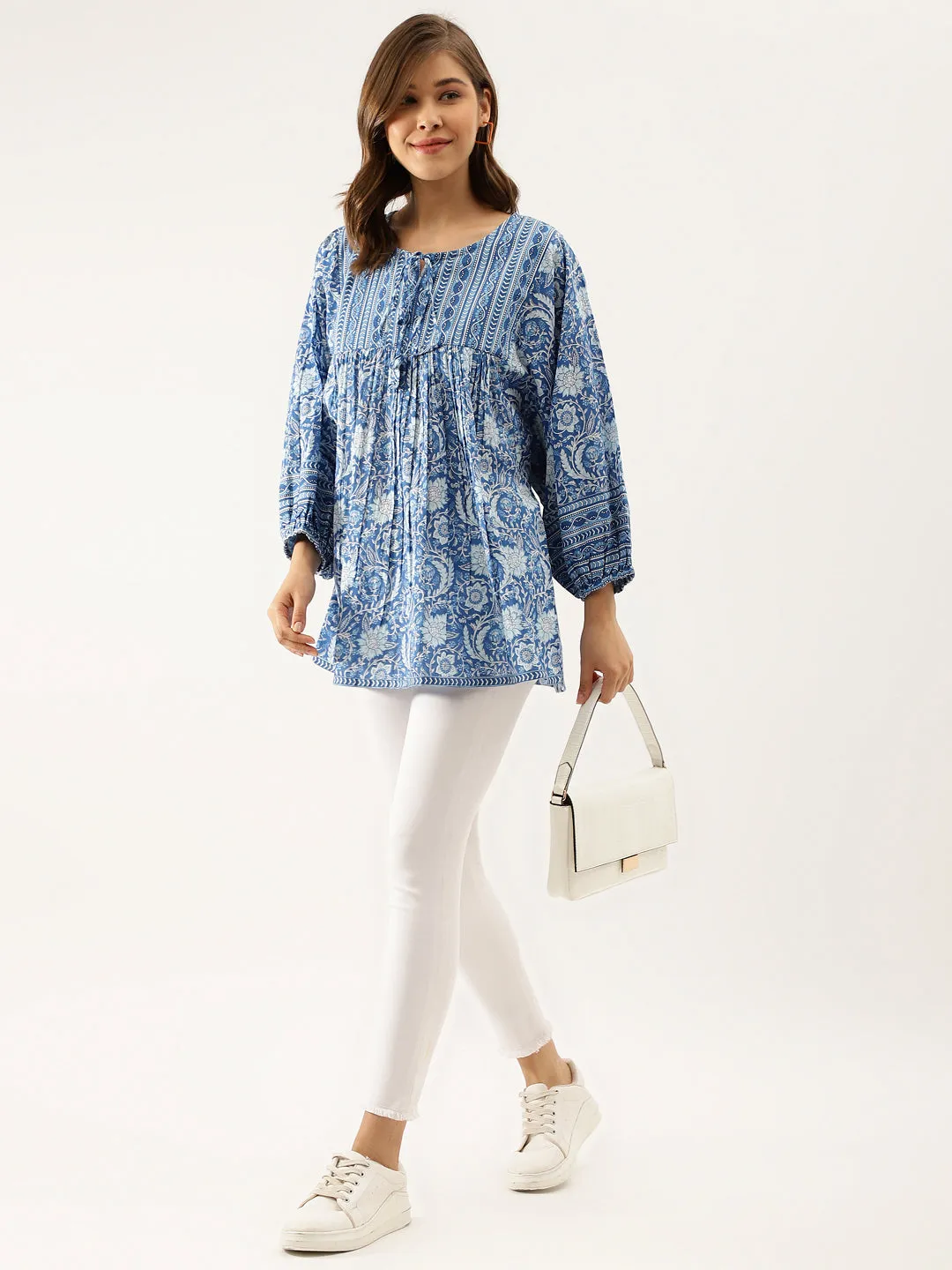 Jashvi Blue  Printed Cotton Peplum top