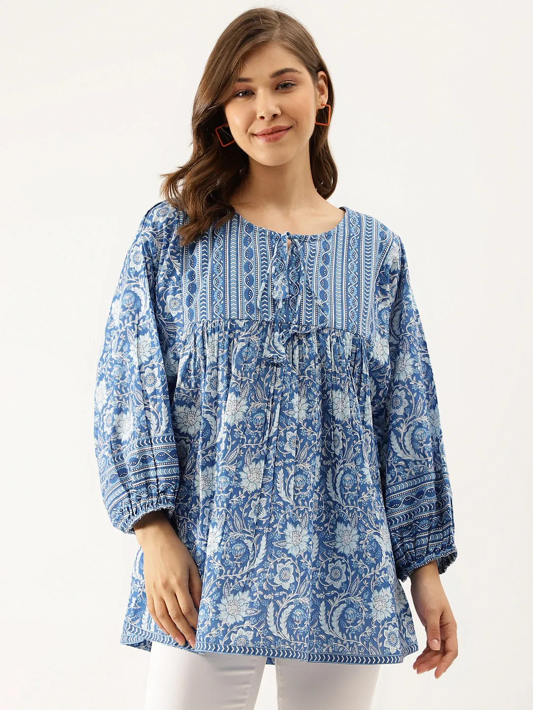 Jashvi Blue  Printed Cotton Peplum top