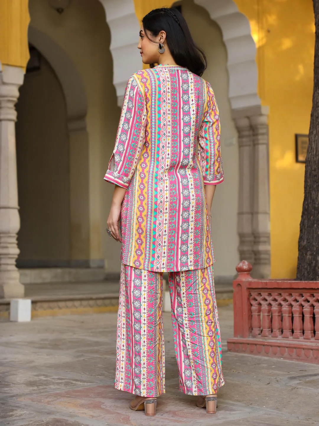 Jashvi Multi-Color Ethnic Motif Printed Rayon Kurta With Palazzos Set