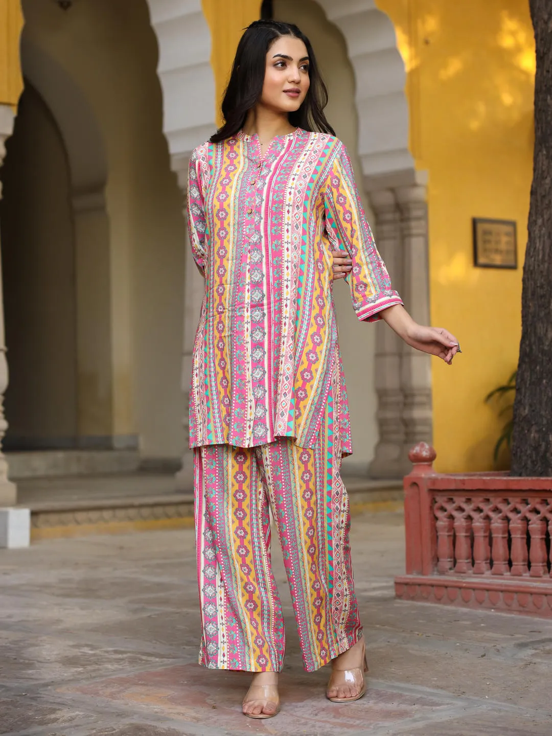 Jashvi Multi-Color Ethnic Motif Printed Rayon Kurta With Palazzos Set